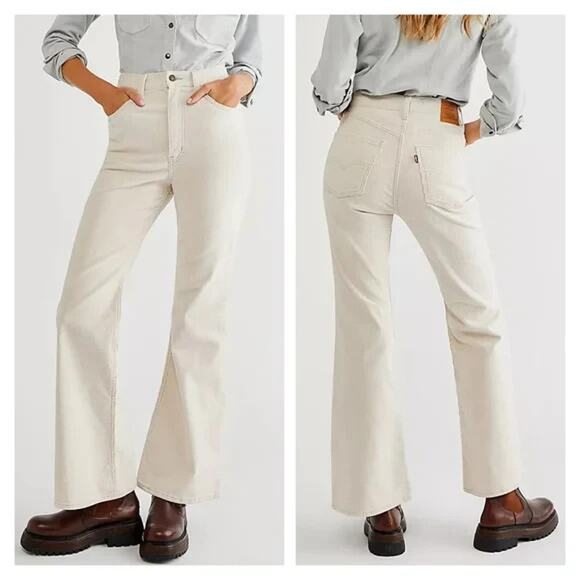 Levis 70s Rise High Flare Corduroy Pants Womens 33x34 Ivory Bell Bottom Boho - Picture 2 of 10